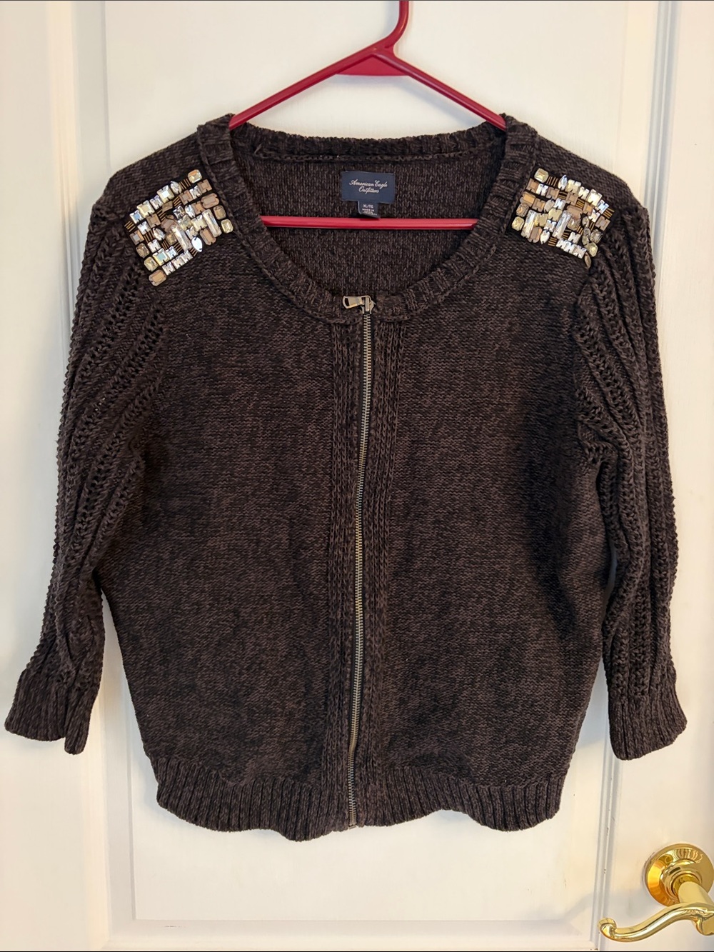 American Eagle Outfitters Dark Gray Beaded-Shoulder Zip Cardigan